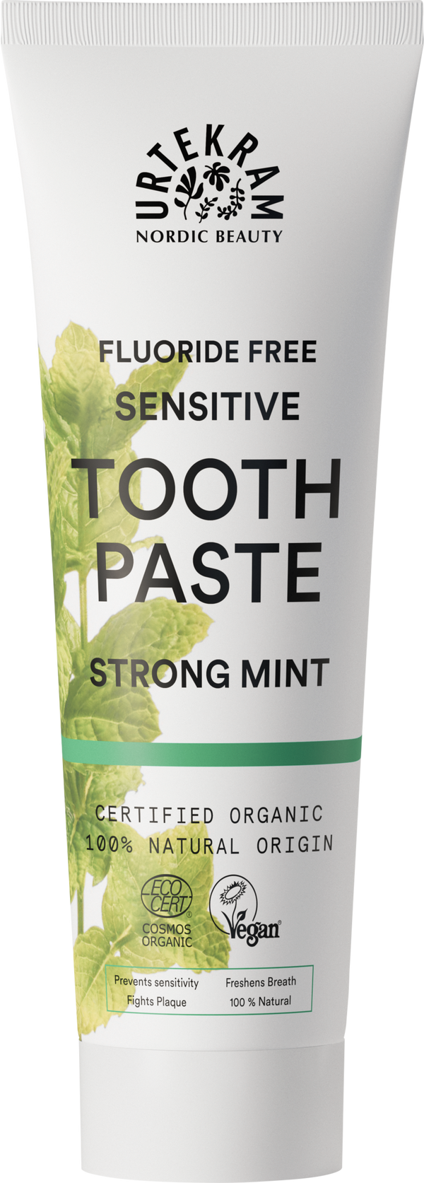 Dentifricio Urtekram Strong Mint Sensitive, biologico e senza fluoro, per denti e gengive sensibili. Promuove l'igiene orale consapevole e un alito fresco.
