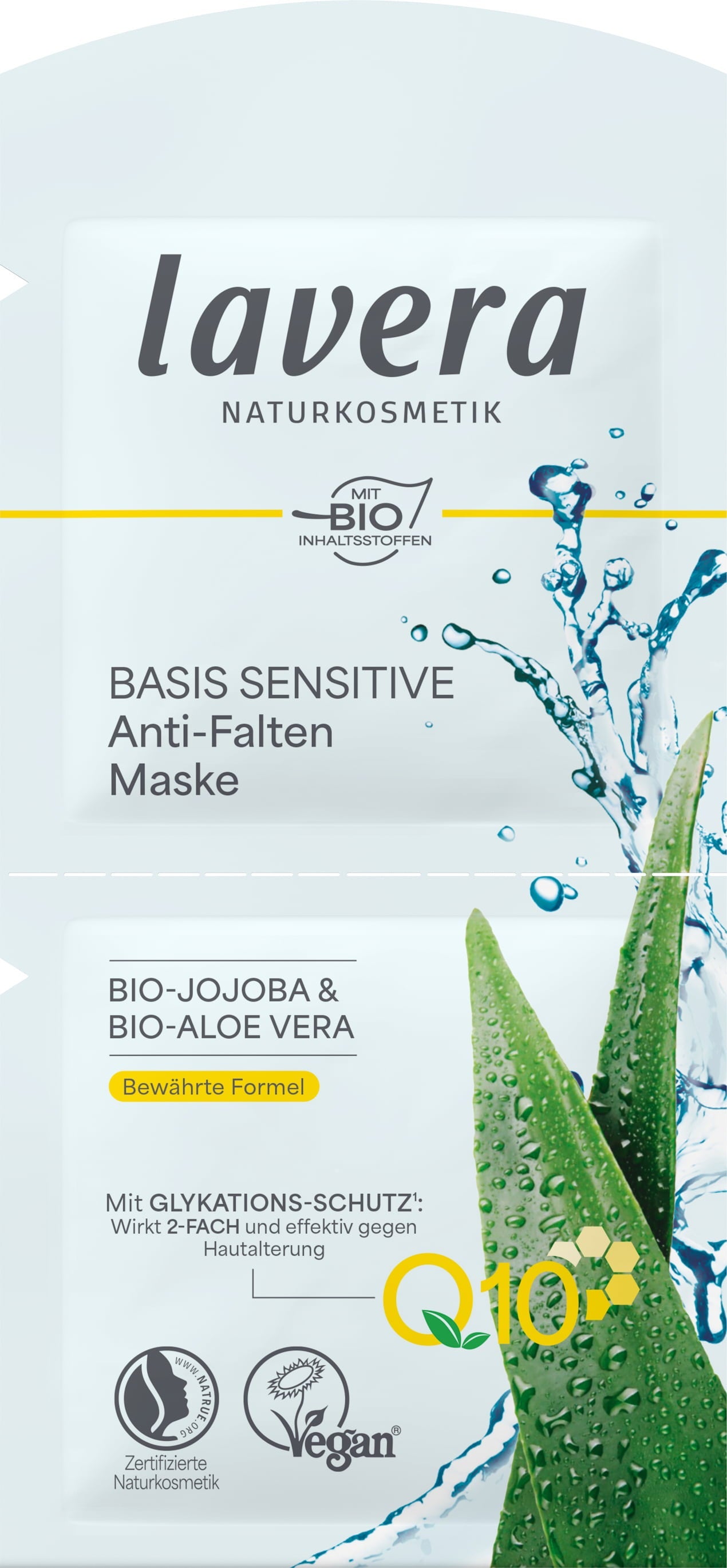 Maschera viso anti-età lavera basis sensitiv Q10, idratazione profonda per una pelle luminosa e un'autostima rinnovata. Prodotto vegan e bio certificato NaTrue.
