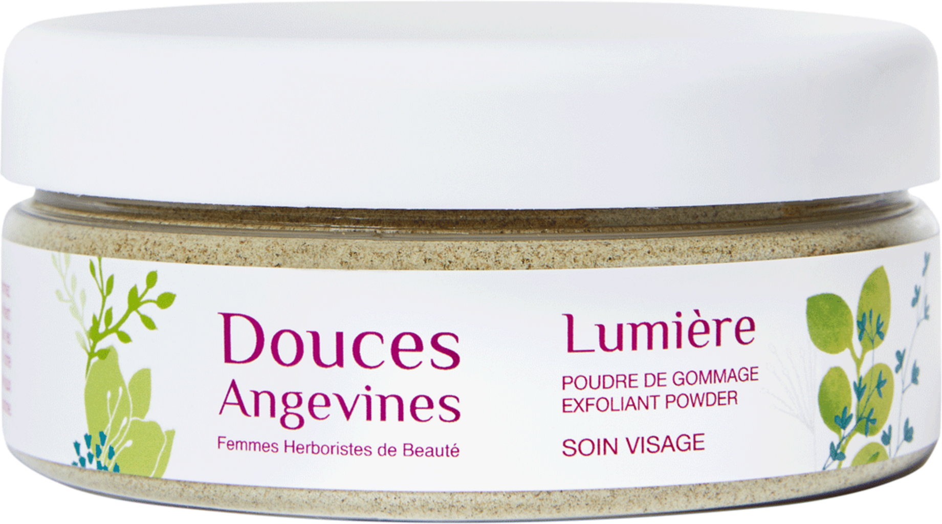 Douces Angevines Lumière Exfoliant Powder, peeling viso biologico delicato per una pelle luminosa e un'autostima rinnovata.