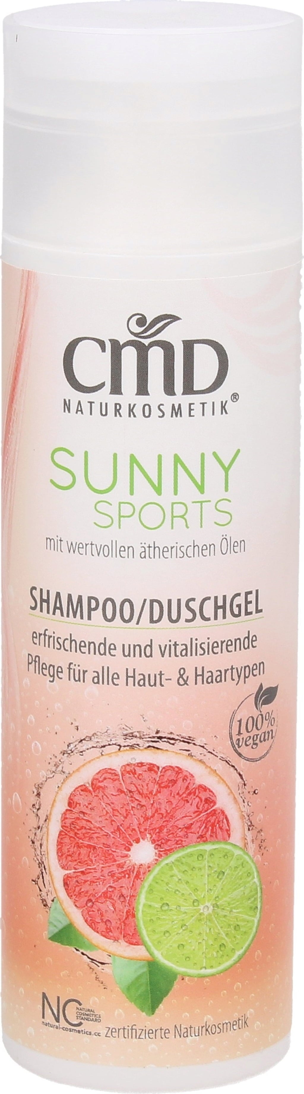 CMD Naturkosmetik Sunny Sports Shampoo & Gel Doccia, detergente rinfrescante per corpo e capelli dopo lo sport, con olio di pompelmo e provitamina B5. Prodotto vegano certificato.