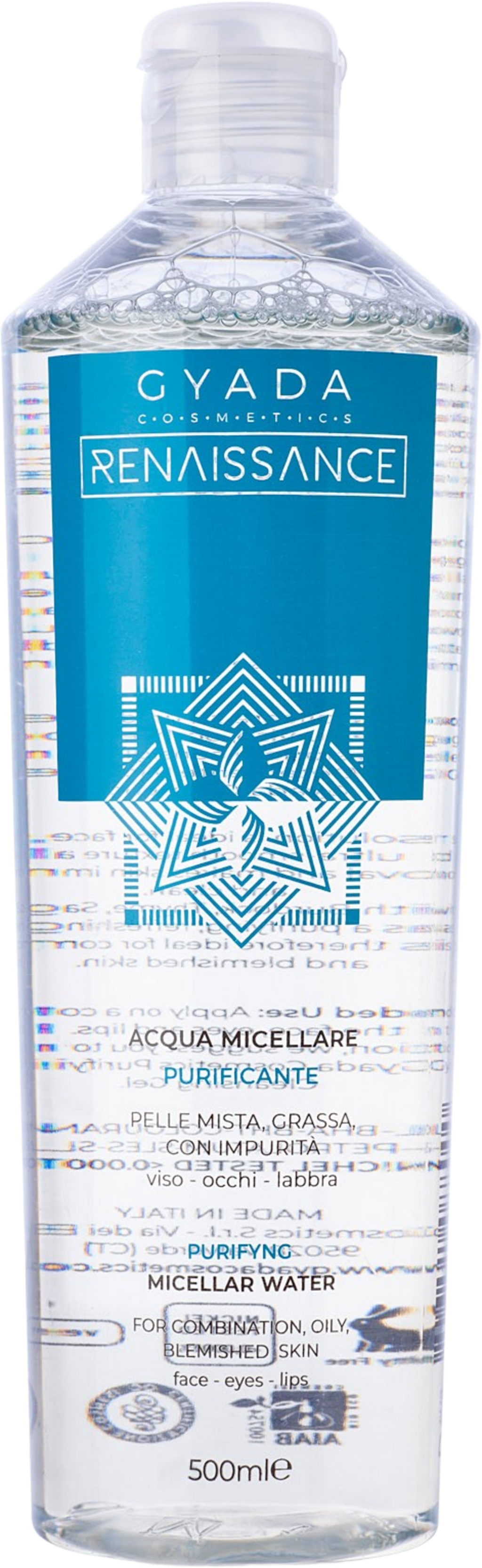 Acqua Micellare Purificante Gyada Cosmetics Renaissance 500ml per pelli miste e grasse. Flacone elegante su sfondo neutro con ingredienti naturali in evidenza.
