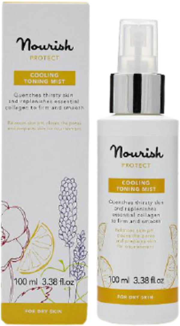 Nourish London Protect Cooling Toning Mist, tonico viso biologico rinfrescante 100ml per pelle normale e secca.