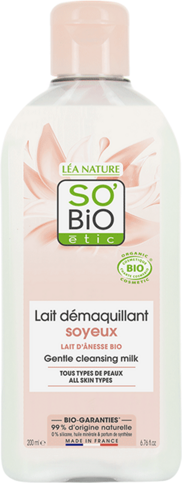 Latte detergente al latte d'asina LÉA NATURE SO BiO étic per pelle morbida e pulita, flacone da 200ml, su sfondo chiaro e naturale, con gocce d'acqua che richiamano la freschezza e la naturalità del prodotto. Immagine che esprime delicatezza e cura.