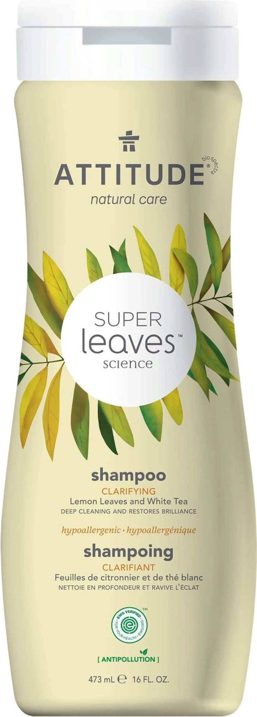 Shampoo clarificante biologico Attitude Super Leaves 473ml con tè bianco e limone per capelli luminosi e detersi. Prodotto vegano per tutti i tipi di capelli, parte della community VeroBelloBio per una bellezza autentica.