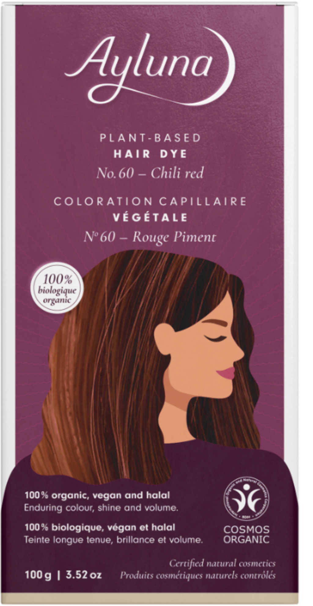 Tinta vegetale Ayluna Rosso Peperoncino per capelli, colorazione naturale e bio senza ammoniaca per un colore vibrante e lucido. VeroBelloBio.