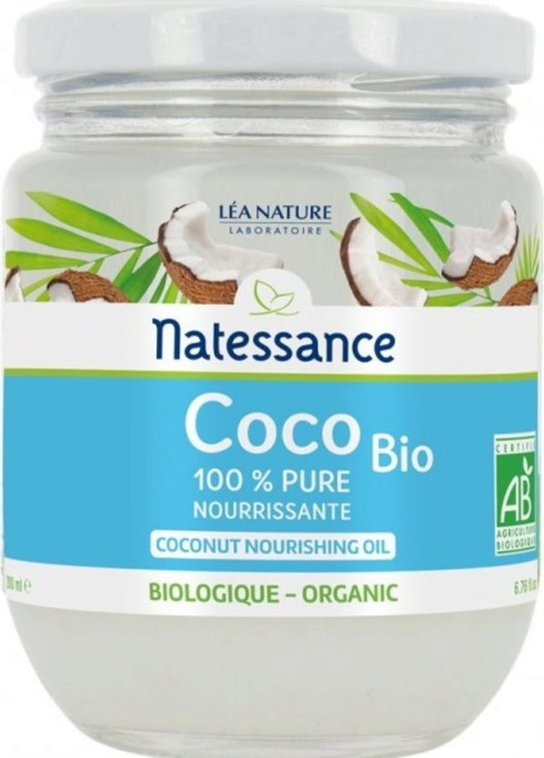 Olio di Cocco Biologico Natessance 200ml per viso, corpo e capelli. Idratazione naturale e nutriente per una bellezza autentica.