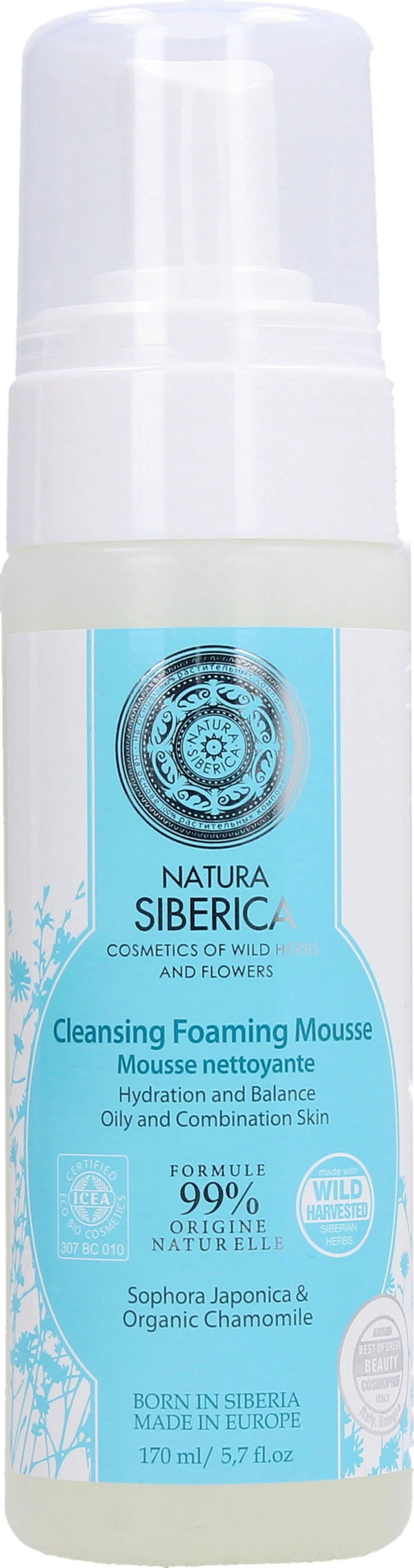 Mousse detergente purificante Natura Siberica per pelle grassa e mista, 170 ml, formula bio con camomilla e albero di pagoda