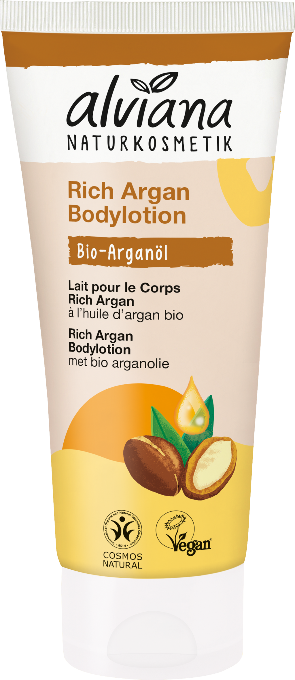 Lozione corpo biologica alviana Naturkosmetik Rich Argan con oli preziosi, 200 ml, per idratare e levigare la pelle di tutti i tipi, con profumo delicato.