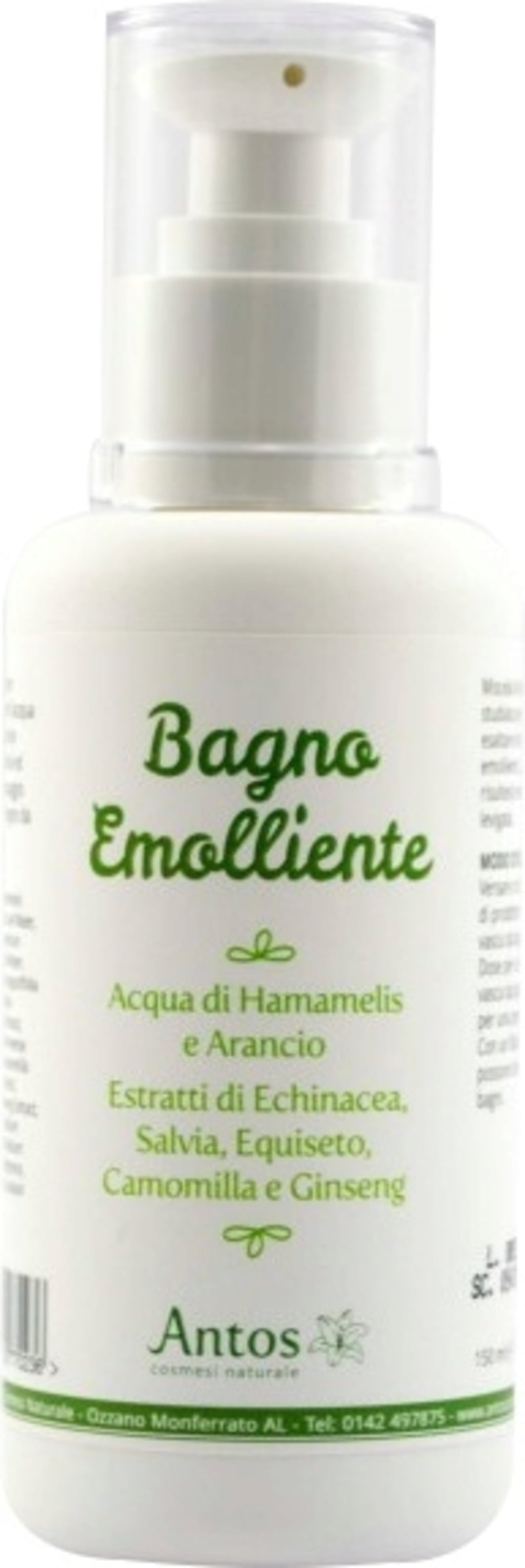 Flacone di Antos Bagno Emolliente per Idromassaggio, 150 ml, con etichetta verde e dispenser, su sfondo neutro che evoca natura e relax.
