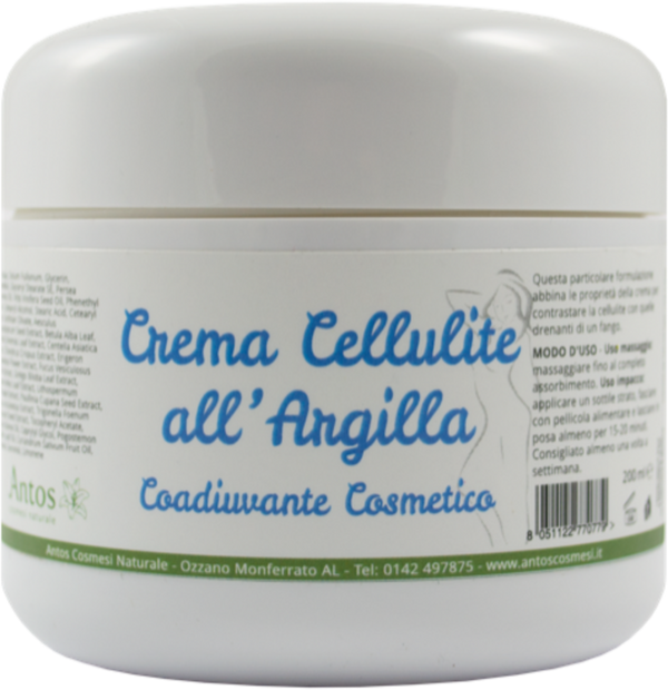 Antos Crema Cellulite all'Argilla per un trattamento drenante ed elasticizzante, 200ml. Texture ricca con ingredienti naturali per pelle a buccia d'arancia. VeroBelloBio.