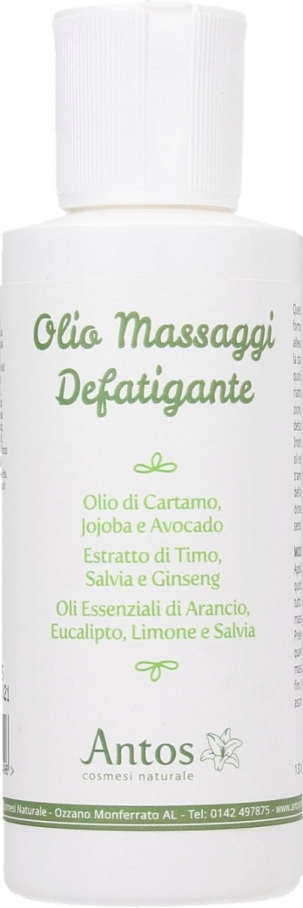 Flacone di Antos Olio Massaggi Defatigante 130 ml, con etichetta verde chiara e ingredienti naturali, su sfondo neutro che evoca pulizia e natura.