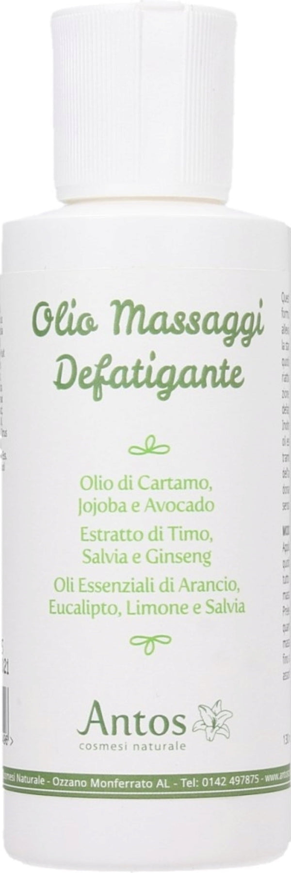 Flacone di Antos Olio Massaggi Defatigante 130 ml, con etichetta verde chiara e ingredienti naturali, su sfondo neutro che evoca pulizia e natura.