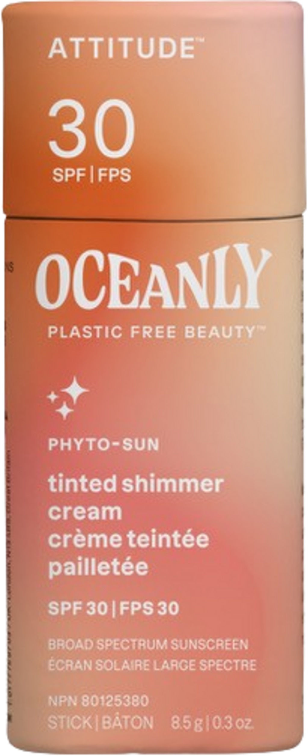 Stick solare colorato Attitude Oceanly PHYTO-SUN SPF 30, con filtro minerale e glitter, ideale per protezione e luminosità della pelle consapevole.