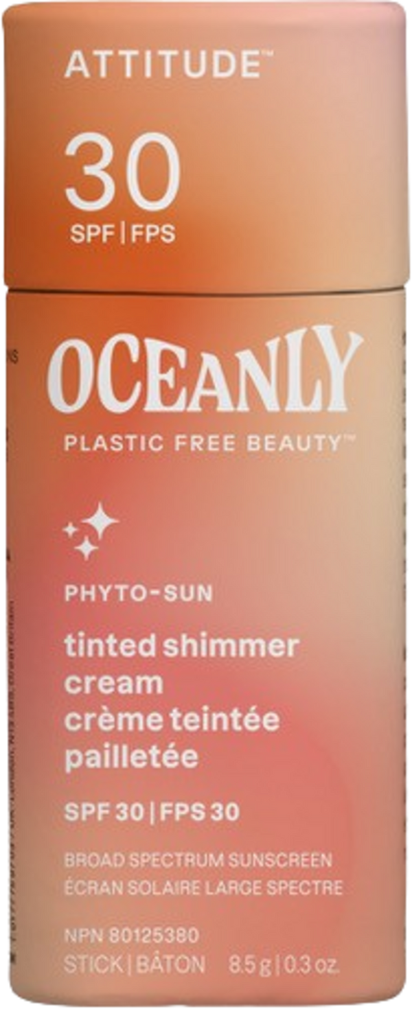 Stick solare colorato Attitude Oceanly PHYTO-SUN SPF 30, con filtro minerale e glitter, ideale per protezione e luminosità della pelle consapevole.