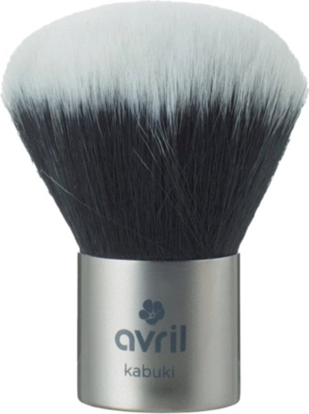 Pennello Kabuki Pro di Avril con setole morbide per applicazione fondotinta in polvere e compatto, su sfondo neutro. Ideale per make-up naturale e vegan.
