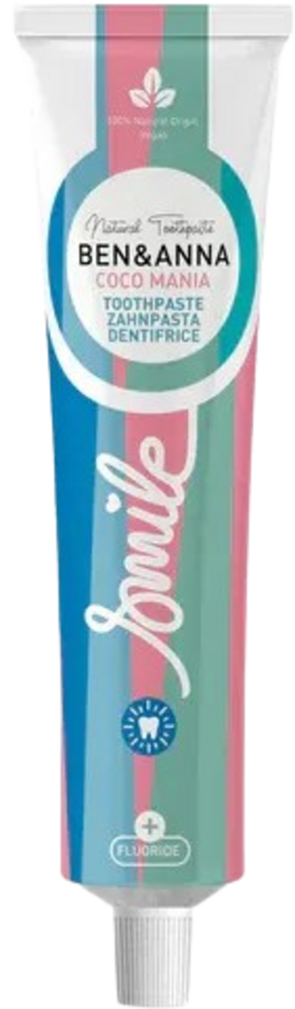 Dentifricio naturale Ben & Anna Coco Mania da 75 ml per denti sani e bianchi con olio di cocco e aloe vera, flacone su sfondo verde salvia.
