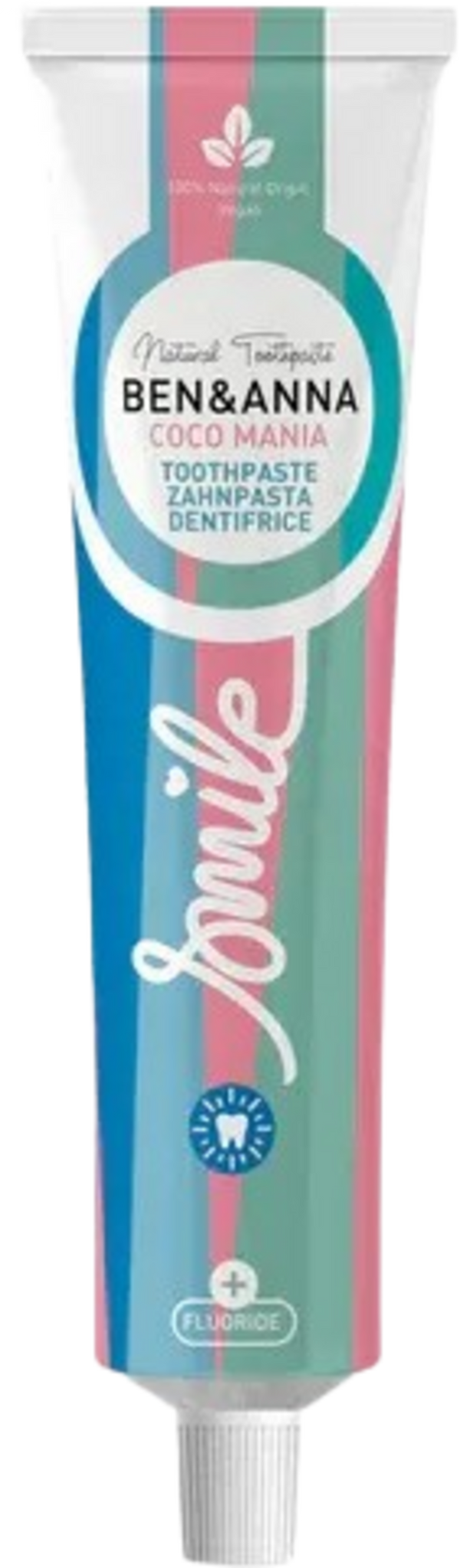Dentifricio naturale Ben & Anna Coco Mania da 75 ml per denti sani e bianchi con olio di cocco e aloe vera, flacone su sfondo verde salvia.