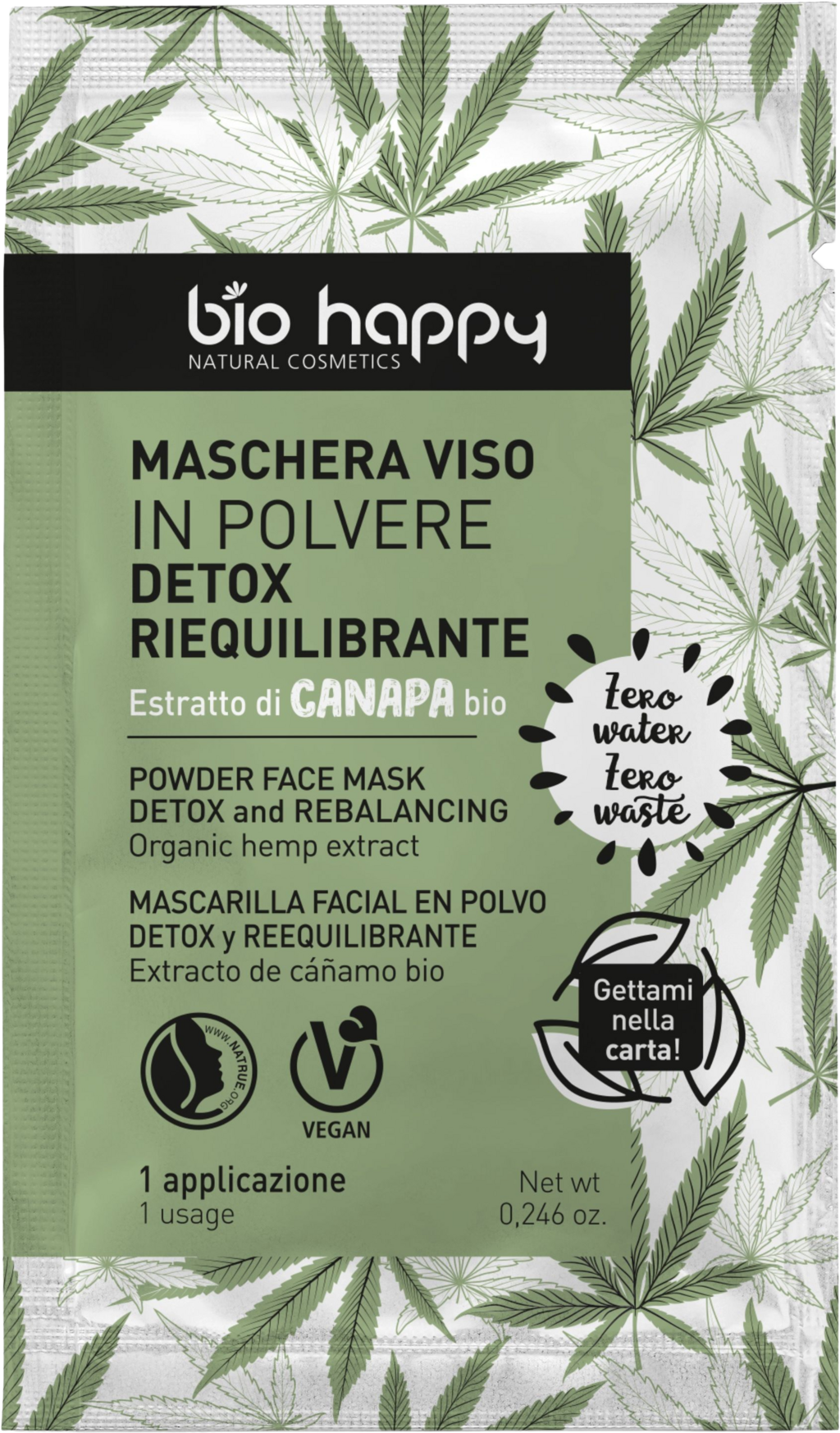 Maschera viso in polvere disintossicante e riequilibrante Bio Happy con canapa biologica per pelli miste e con imperfezioni. Confezione senza plastica e vegana.