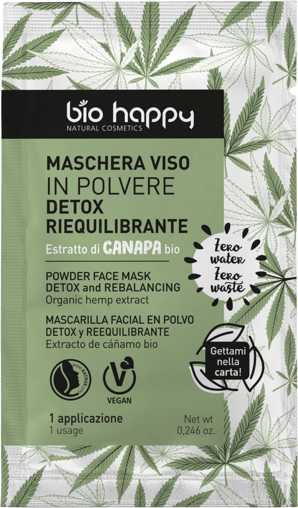Maschera viso in polvere disintossicante e riequilibrante Bio Happy con canapa biologica per pelli miste e con imperfezioni. Confezione senza plastica e vegana.