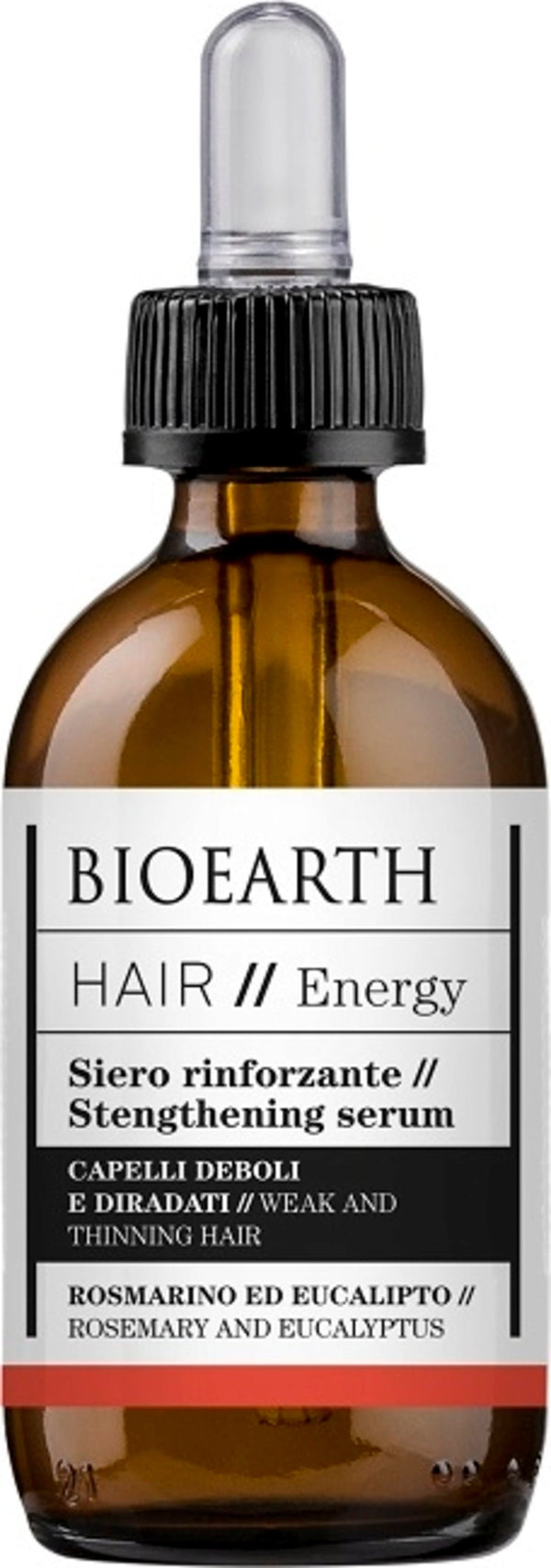 Siero rinforzante Bioearth per capelli deboli e diradati, con oli essenziali di rosmarino ed eucalipto, formato 50 ml, per una chioma sana e un cuoio capelluto equilibrato.