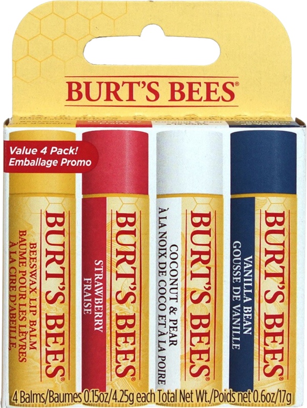Set di balsami labbra Burt's Bees con profumazioni assortite (Cera d'Api, Vaniglia, Fragola, Cocco & Pera), confezione regalo. Perfetto per labbra idratate e naturali.