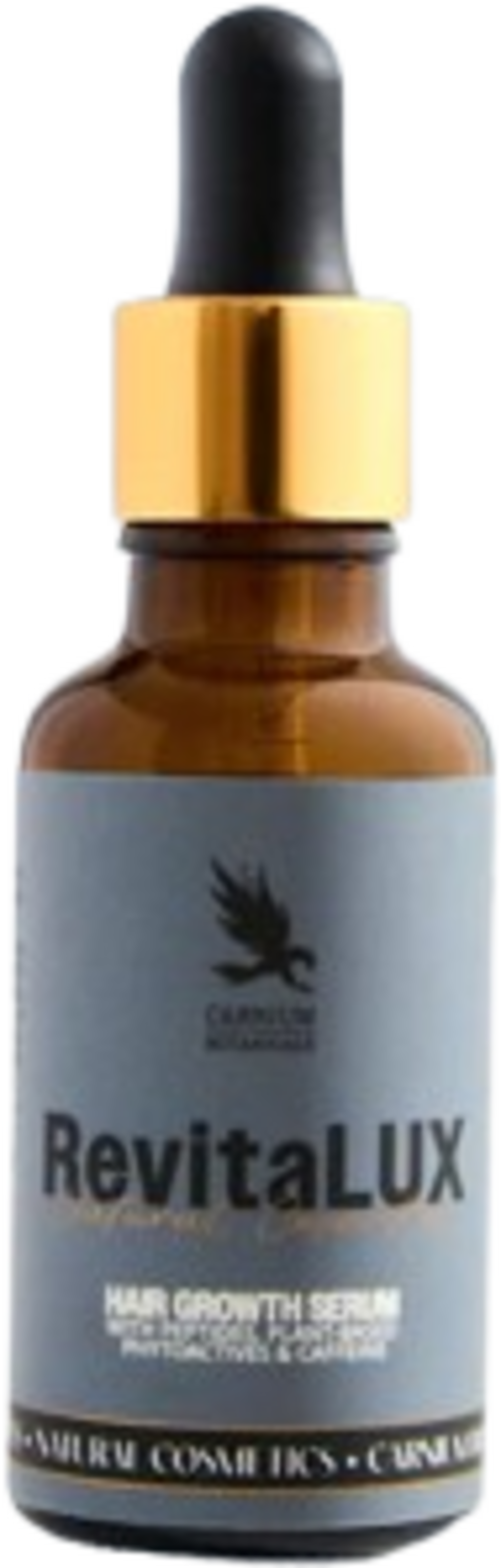 Carnium Botanicals RevitaLUX Siero per la crescita dei capelli 30ml, flacone in vetro con contagocce su sfondo naturale, siero anticaduta e rinforzante