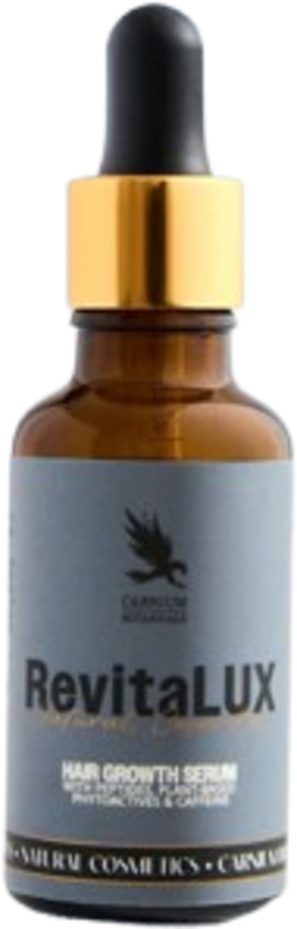 Carnium Botanicals RevitaLUX Siero per la crescita dei capelli 30ml, flacone in vetro con contagocce su sfondo naturale, siero anticaduta e rinforzante