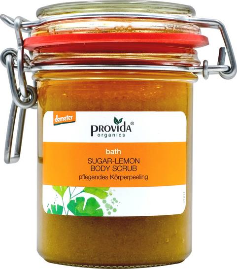 Provida Organics Sugar Lemon Body Scrub biologico con zucchero di canna Demeter, per pelle levigata e luminosa, cosmetici naturali e vegani VeroBelloBio.
