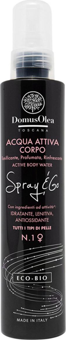 Domus Olea Toscana Spray & Go Acqua Attiva Corpo con Aloe Vera e Acido Ialuronico, ideale per una pelle idratata e rinfrescata. Scopri la bellezza naturale e consapevole.