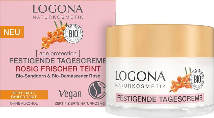 Crema giorno LOGONA Age Protection con olivello spinoso e rosa damascena per pelle matura, effetto rivitalizzante e luminosità naturale. Logona Crema Giorno Biologica.