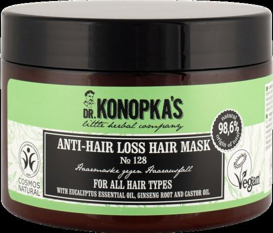 Maschera capelli anti caduta Dr. KONOPKA'S con ginseng e ricino per capelli forti e voluminosi. Trattamento biologico e vegan per cuoio capelluto sensibile.