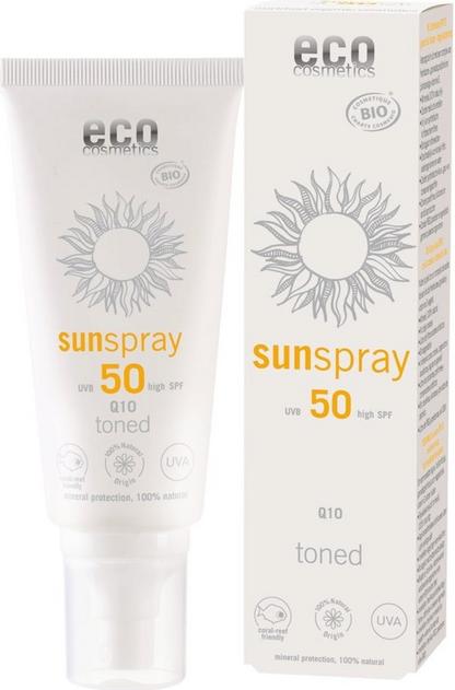 Spray solare colorato SPF 50 eco cosmetics con Coenzima Q10 per pelli sensibili e miste. Protezione solare vegan e biologica per una bellezza reale e autentica.