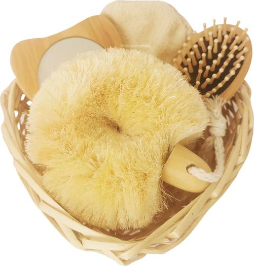 Cestino Cuore Cose della Natura con guanto peeling, spazzole corpo e capelli, specchio in legno per una routine di bellezza consapevole e naturale