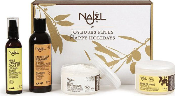 Najel Cocooning Gift Pack - kit biologico per pelle secca ed esigente, con olio di mandorle, idrolato fiori d'arancio, burro di karitè e argilla bianca. Bellezza consapevole per la tua routine skincare.
