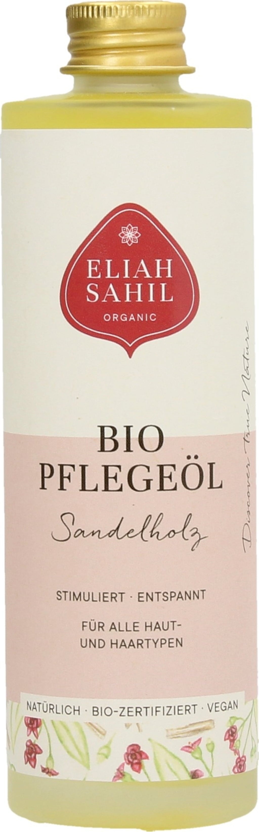 Flacone di Eliah Sahil Olio di Legno di Sandalo Bio 100ml, olio naturale e biologico per pelle e capelli, con certificazione Austria Bio Garantie. Immagine prodotto su VeroBelloBio.