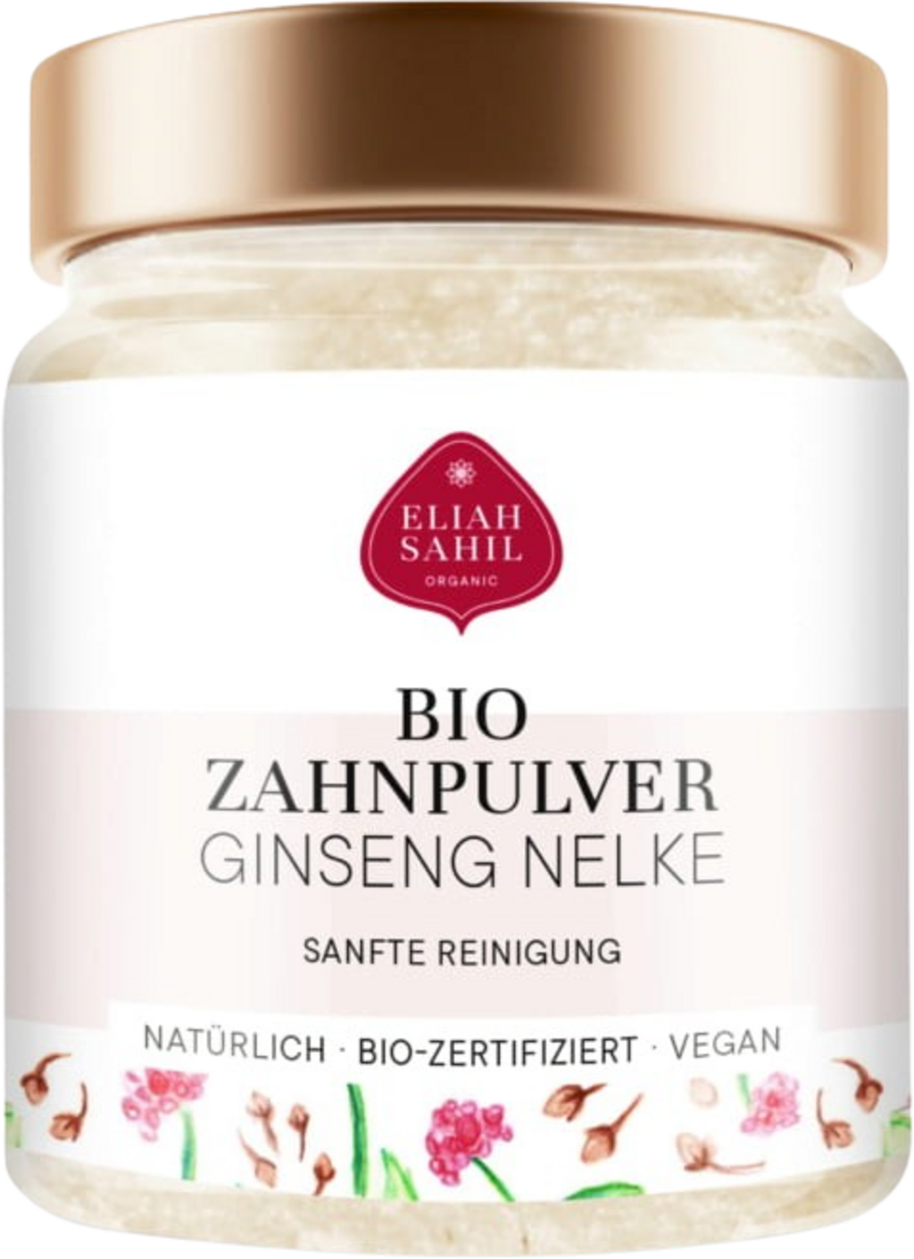 Polvere dentifricia biologica Eliah Sahil con Ginseng e Chiodi di Garofano per un sorriso naturale e gengive sane. VeroBelloBio.