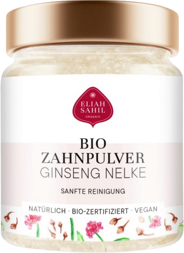 Polvere dentifricia biologica Eliah Sahil con Ginseng e Chiodi di Garofano per un sorriso naturale e gengive sane. VeroBelloBio.