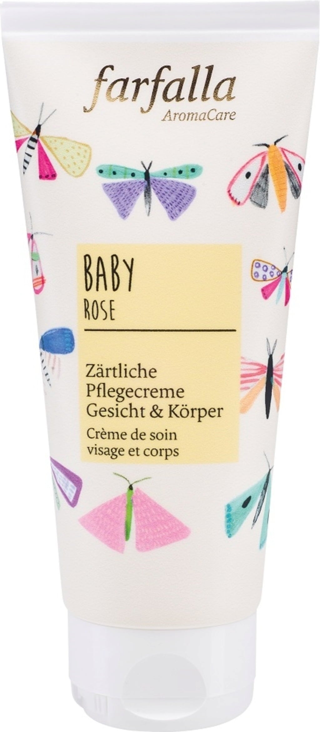 Farfalla Baby Crema Delicata alla Rosa per viso e corpo 100ml, idratante e lenitiva per pelle sensibile di neonati e adulti, certificata NaTrue, vegana.