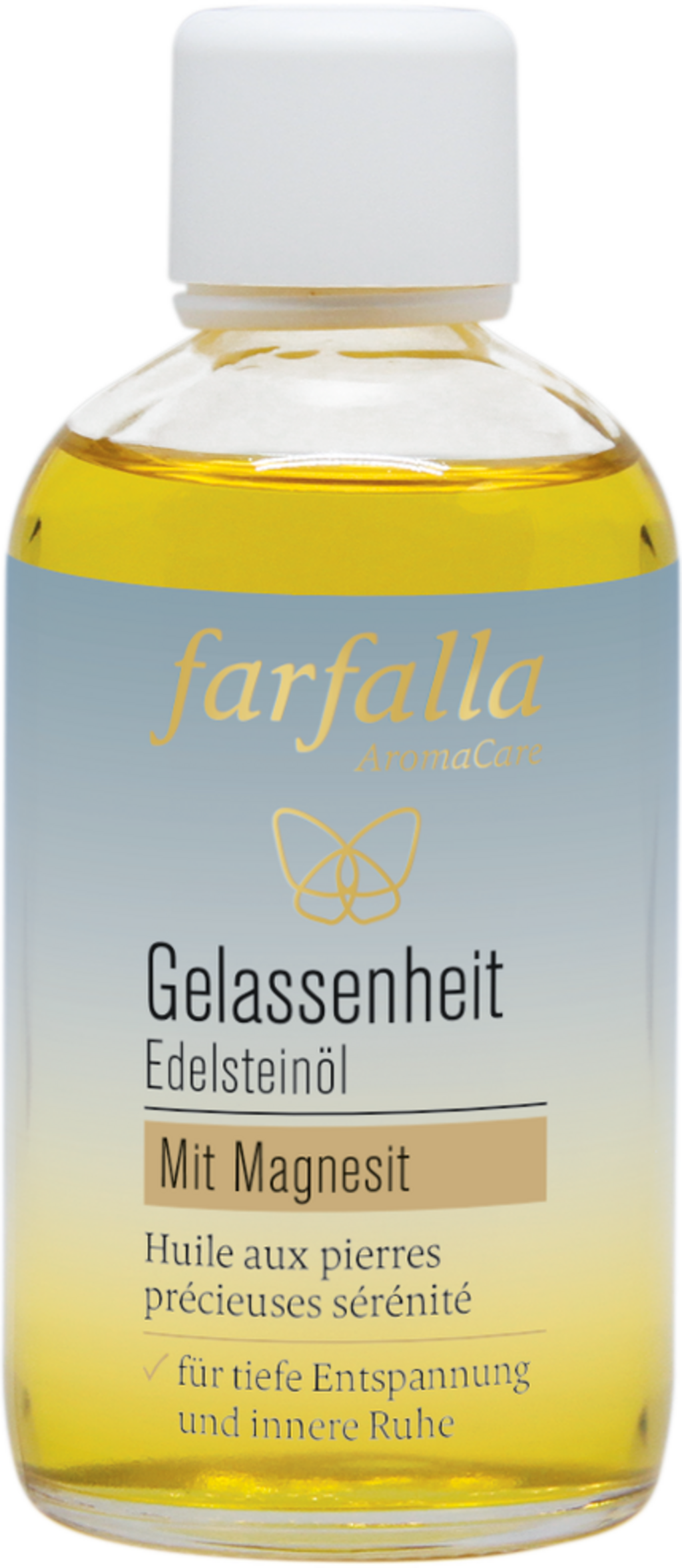 farfalla Olio di Gemme Serenità, 100 ml - Flacone di vetro con olio corpo rilassante, infuso con quarzo blu, lavanda e neroli, su sfondo naturale.