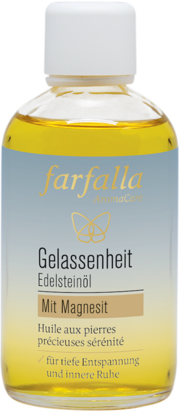 farfalla Olio di Gemme Serenità, 100 ml - Flacone di vetro con olio corpo rilassante, infuso con quarzo blu, lavanda e neroli, su sfondo naturale.