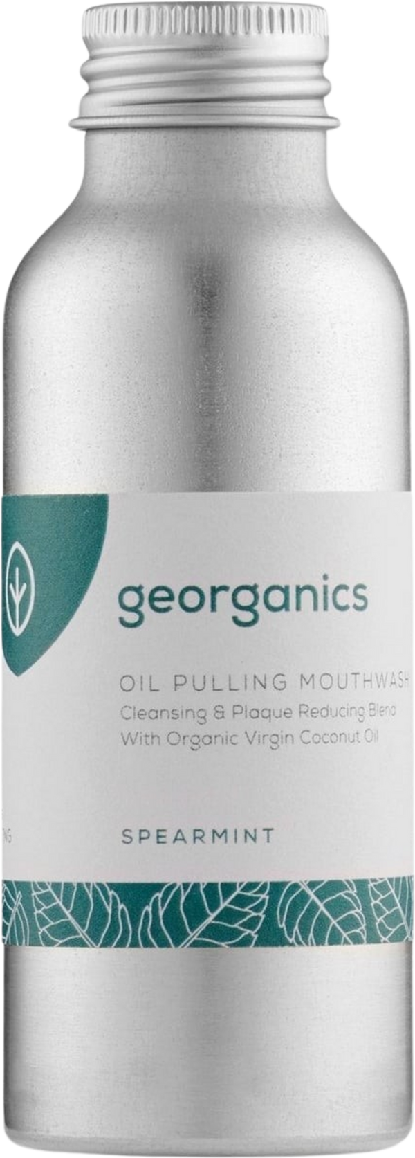 Flacone di collutorio Georganics Oil Pulling alla menta verde da 100 ml, prodotto naturale per igiene orale consapevole.