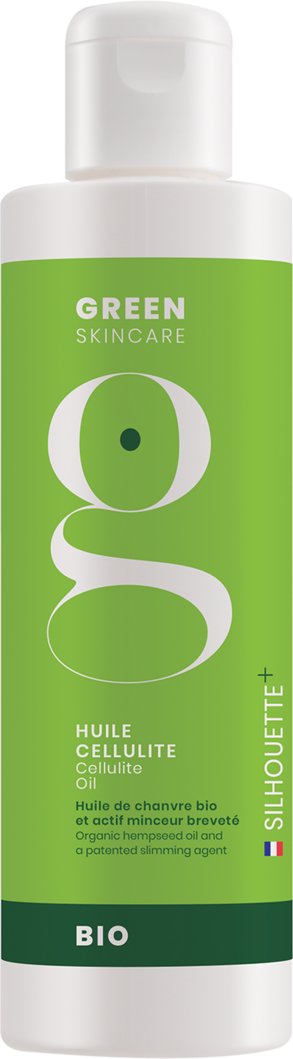 Green Skincare SILHOUETTE+ Olio Anticellulite 200ml con Olio di Canapa Bio, flacone in vetro su sfondo naturale