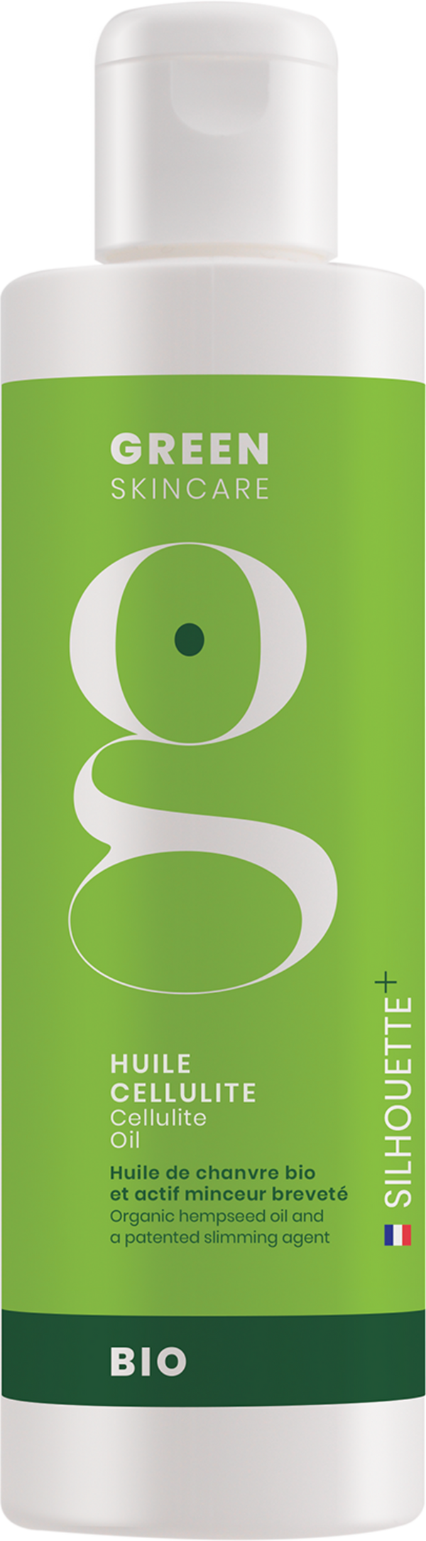 Green Skincare SILHOUETTE+ Olio Anticellulite 200ml con Olio di Canapa Bio, flacone in vetro su sfondo naturale