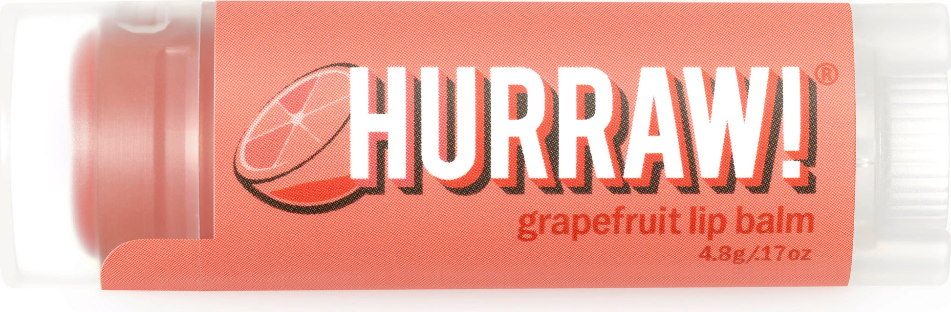 Balsamo labbra HURRAW! al pompelmo da 4.80g, ecobio, idratante e protettivo con delicata tonalità rosa. Immagine ravvicinata del prodotto su sfondo naturale, che evidenzia la texture e il packaging sostenibile.