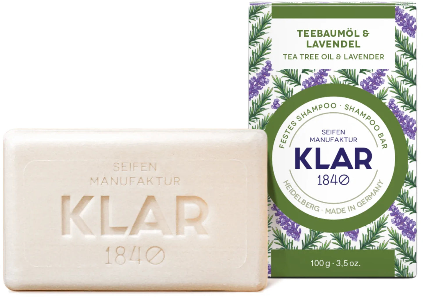 Shampoo solido KLAR Tea Tree e Lavanda, 100g, ideale per capelli ribelli, cute sensibile e forfora. Vegano, cruelty-free e senza plastica.