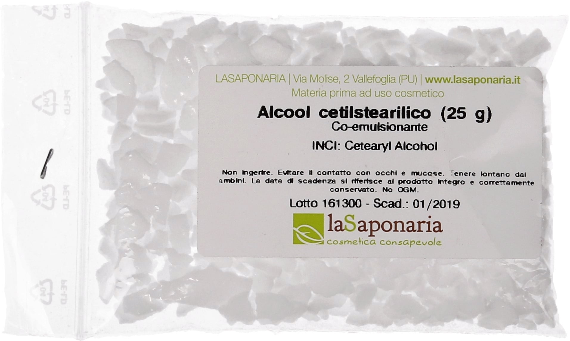 Flacone di La Saponaria Alcool Cetilstearilico da 25g, ingrediente puro per lo spignatto e la creazione di cosmetici naturali fai da te, su sfondo neutro che evoca natura e semplicità. Ottimizzato per la cura della pelle consapevole.