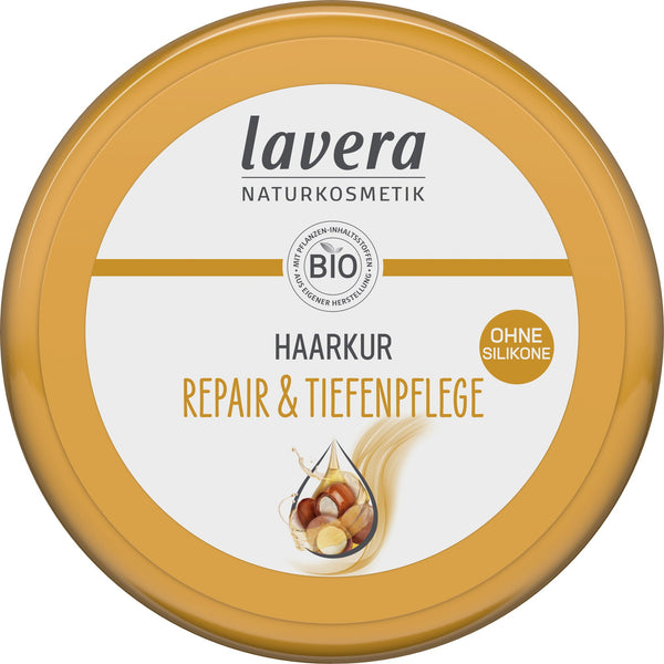 Impacco riparatore Lavera 200ml con olio di argan e macadamia bio per capelli secchi e danneggiati. Certificato vegan e bio per una cura naturale dei capelli.