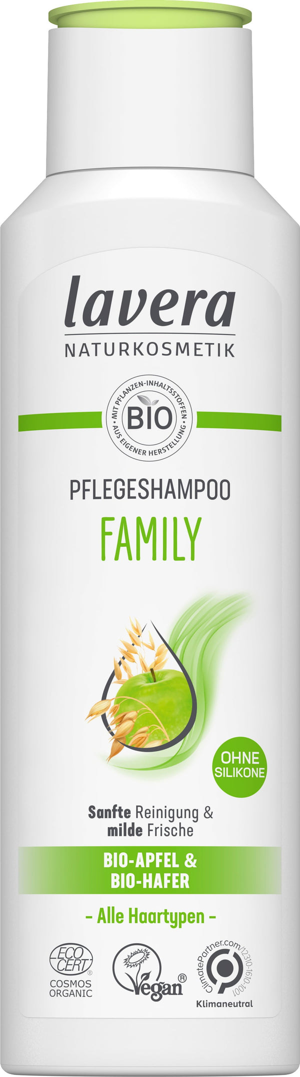 Lavera Shampoo Family 250ml con mela e avena biologiche per capelli sani e cuoio capelluto delicato, dal brand VeroBelloBio.