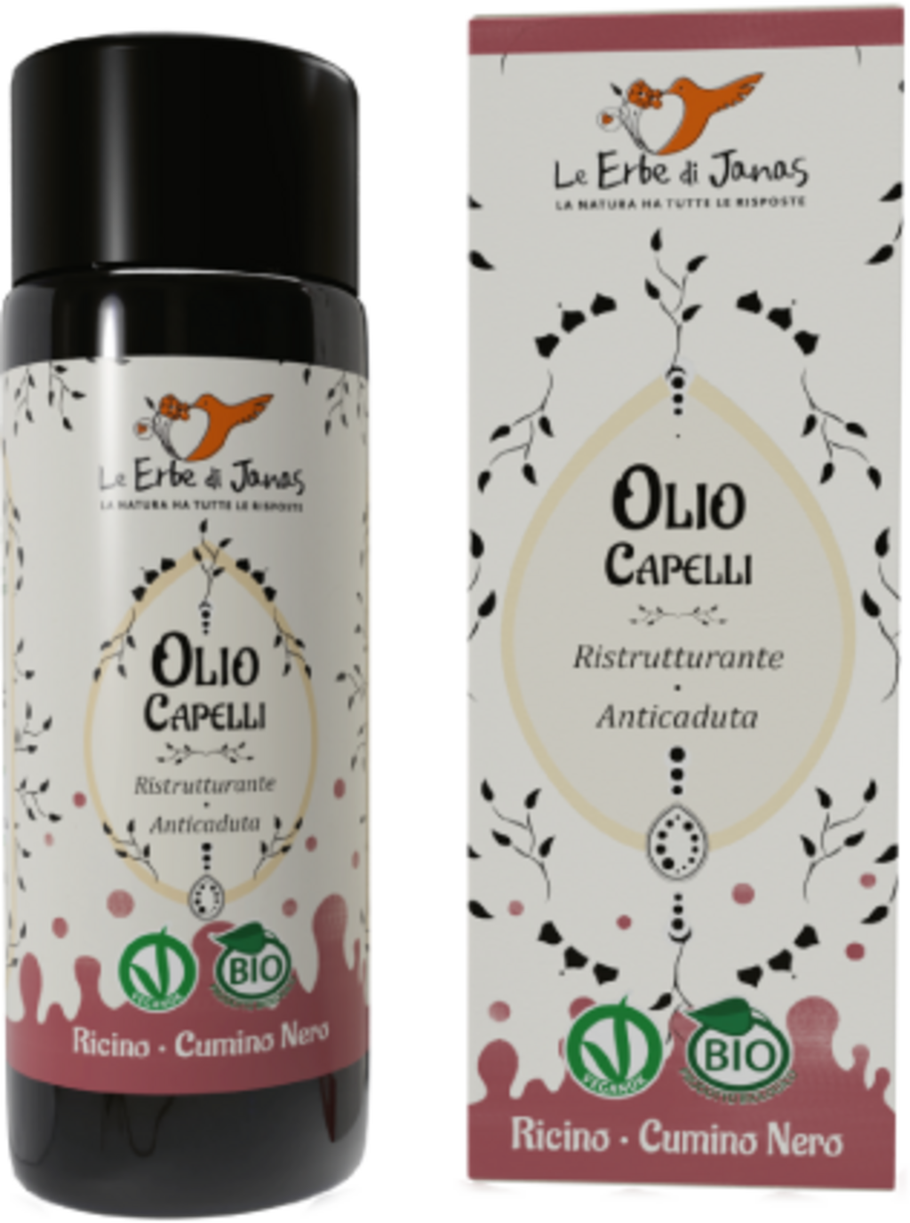 Flacone di Olio per Capelli Le Erbe di Janas Ricino e Cumino Nero, 50 ml, per un nutrimento intenso e protezione della chioma. Prodotto vegano per capelli sani e luminosi.