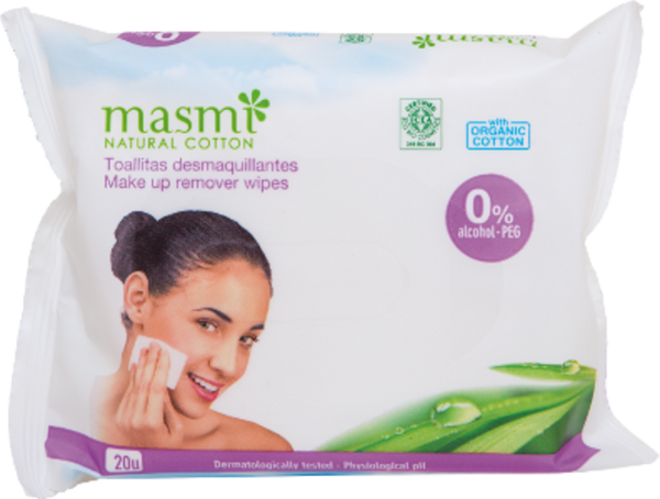 Salviettine detergenti struccanti Masmi in cotone biologico ipoallergenico per pelle sensibile e cura consapevole
